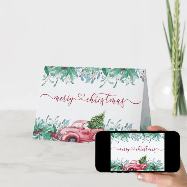 Winter Greenery Red Truck Watercolor Garland Holiday Card | Zazzle