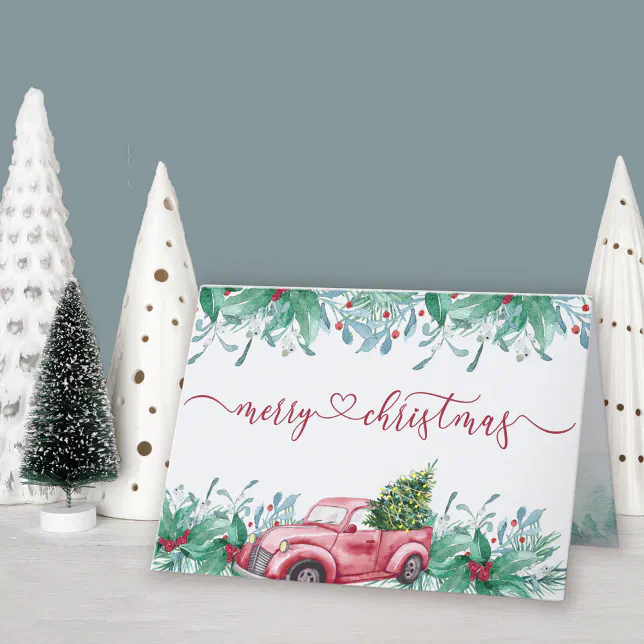 Winter Greenery Red Truck Watercolor Garland Holiday Card | Zazzle