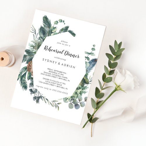 Winter Greenery Rehearsal Dinner Invitation