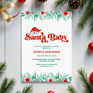 Winter Greenery Retro Script Santa Baby Shower Invitation