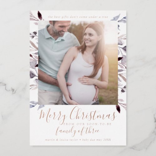 Winter Greenery Rose Gold Foil Pregnancy Photo Foil Holiday Card