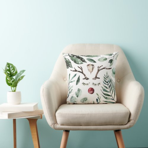 Winter Greenery Rudolph Nose Holiday Throw Pillow