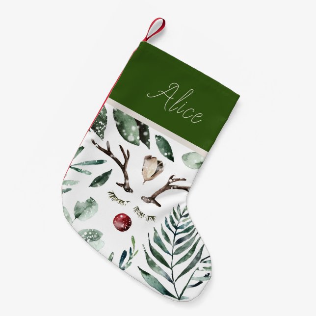 Winter Greenery Rudolph Nose Monogram Small Christmas Stocking (Front (Hanging))