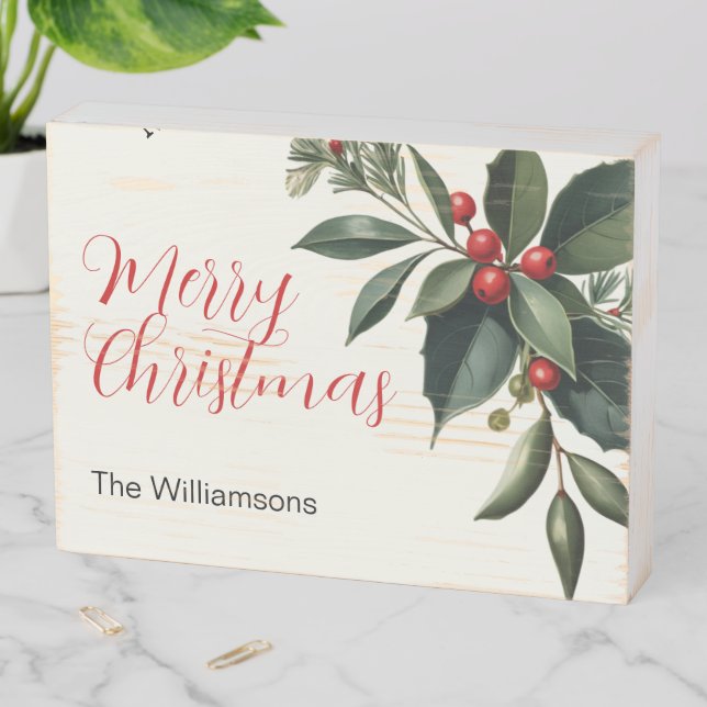 Winter Greenery Rustic Festive Merry Christmas Wooden Box Sign (In Situ Horizontal)