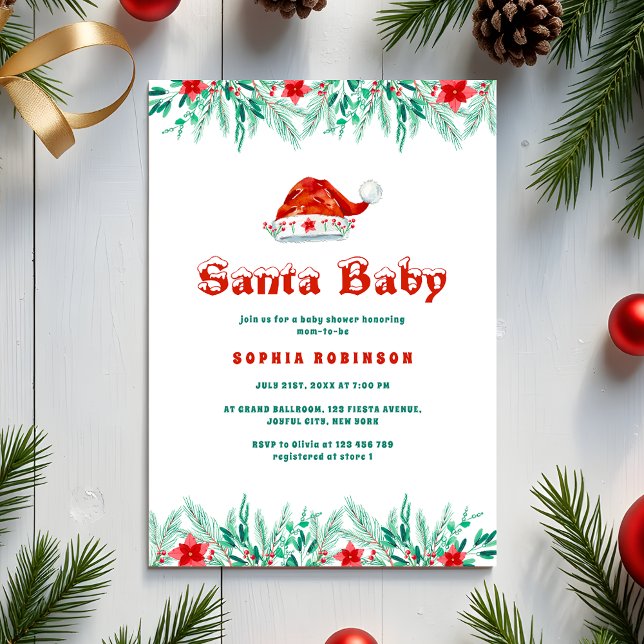 Winter Greenery Santa Baby  Christmas Baby Shower Invitation (Creator Uploaded)