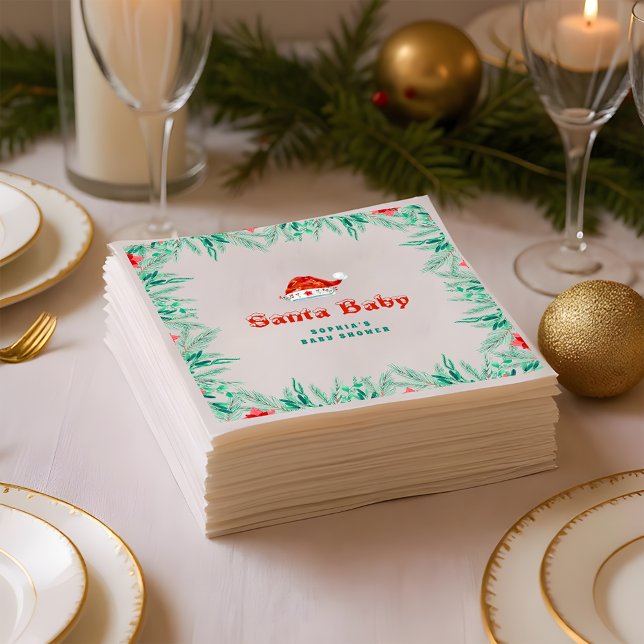 Winter Greenery Santa Hat Christmas Baby Shower Napkins (Creator Uploaded)