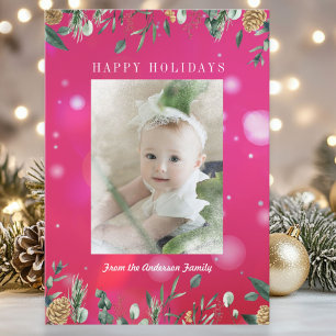 Winter Greenery Snow Bokeh  Photo Holiday Card