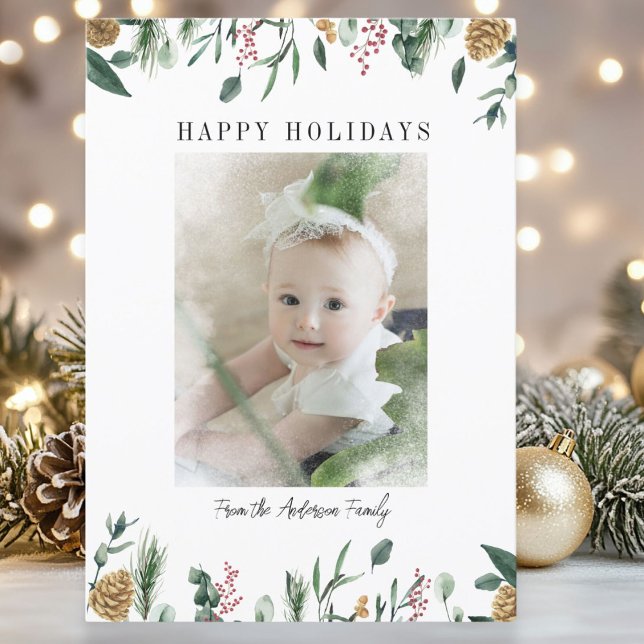 Winter Greenery Snow-Overlay  Photo Holiday Card (Winter Greenery Snow Bokeh Photo Holiday Card)