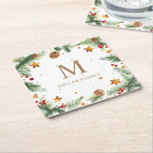 Winter Greenery Stars Holiday Monogram Square Paper Coaster