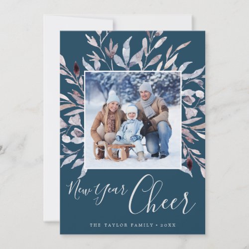 Winter Greenery Teal New Year Cheer Year In Review Holiday Card