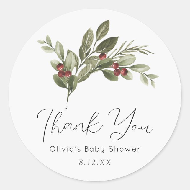 Winter Greenery Thank you Favor Classic Round Sticker (Front)