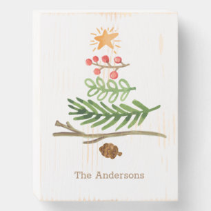 Winter Greenery Watercolor Christmas Tree Wooden Box Sign