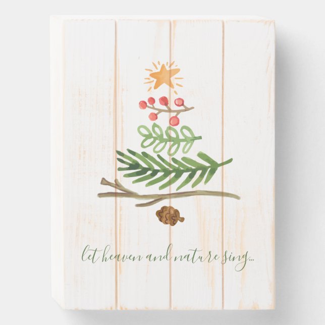 Winter Greenery Watercolor Christmas Tree Wooden Box Sign (Front Vertical)