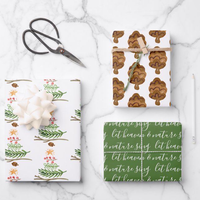 Winter Greenery Watercolor Christmas Tree Wrapping Paper Sheets (Front)