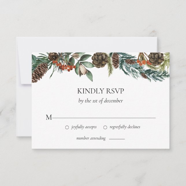 Winter Greenery Watercolor Pine Cone Wedding  RSVP Card (Front)