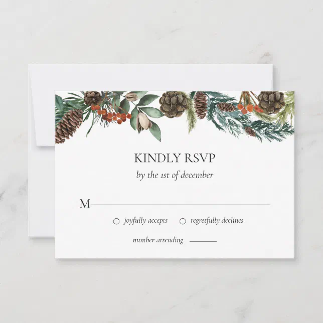 Winter Greenery Watercolor Pine Cone Wedding RSVP Card | Zazzle