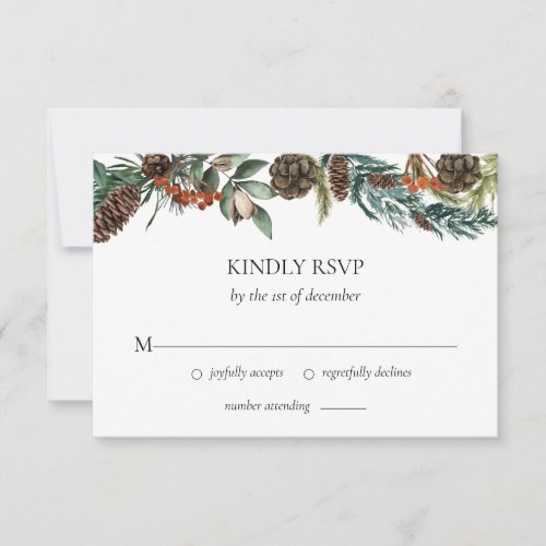 Winter Greenery Watercolor Pine Cone Wedding  RSVP Card