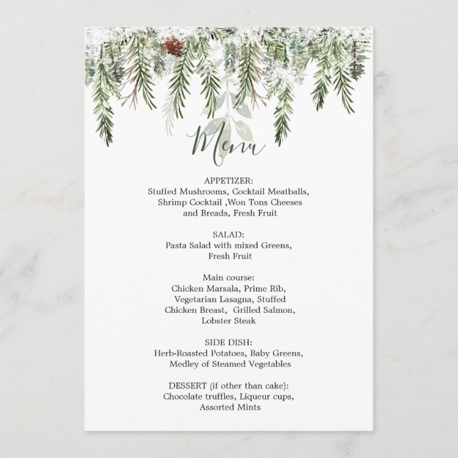 Winter Greenery Wedding Christmas Menu (Front)