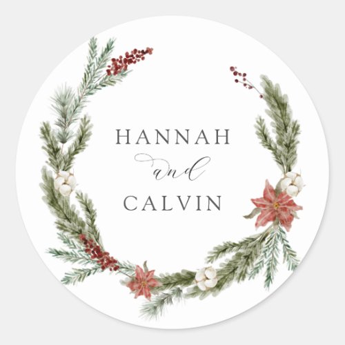 Winter Greenery Wedding Classic Round Sticker