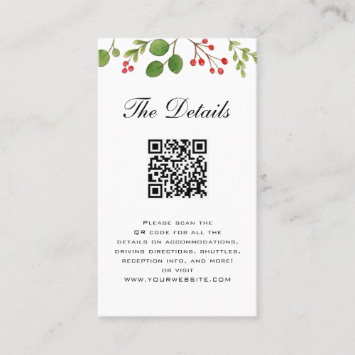 Winter Greenery Wedding Details card with QR code 