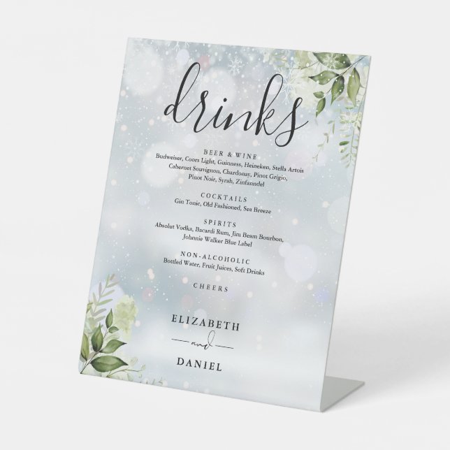 Winter Greenery Wedding Drinks Menu Pedestal Sign (Front)