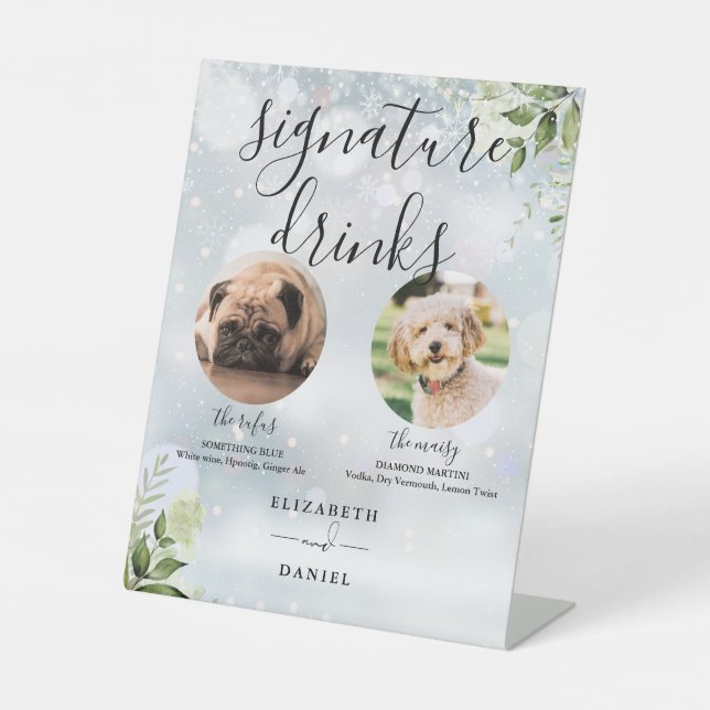 Winter Greenery Wedding Pet Dog Signature Drinks Pedestal Sign (Front)