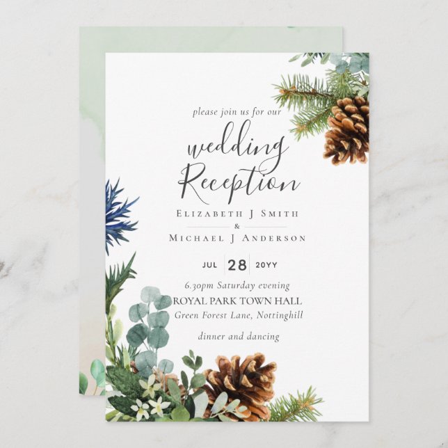 Winter Greenery Wedding RECEPTION Evening Only Inv Invitation (Front/Back)