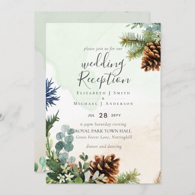 Winter Greenery Wedding RECEPTION Evening Only Invitation (Front/Back)
