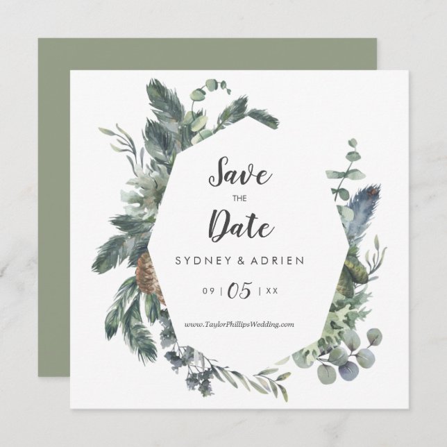 Winter Greenery Wedding Save The Date (Front/Back)