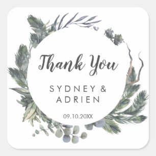 Winter Greenery Wedding Thank You Favor  Square Sticker