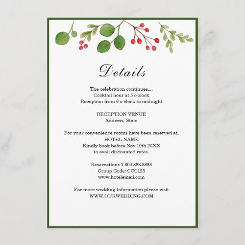 Winter Greenery Winter  Holiday  Wedding details Enclosure Card