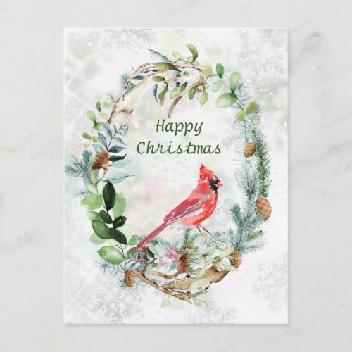 Winter Greenery Wreath Cardinal Bird Postcard