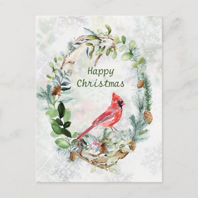 Winter Greenery Wreath Cardinal Bird Postcard (Front)