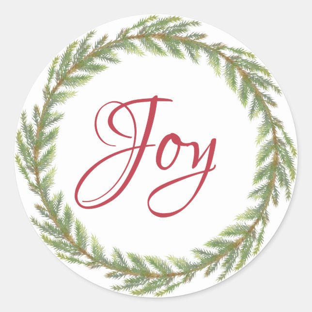 Winter Greenery Wreath Christmas Joy  Classic Round Sticker (Front)