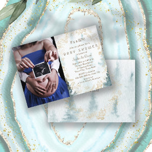 Winter Greenery Wreath Gold Photo Boy Baby Shower Invitation