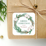 Winter Greenery Wreath Merry Christmas Watercolor Square Sticker<br><div class="desc">This personalized holiday sticker features a watercolor wreath of green and brown winter greenery,  including pine sprigs and cotton. The words "Merry Christmas" appear in green serif font. Personalize the design with your family name below in brown italics.</div>