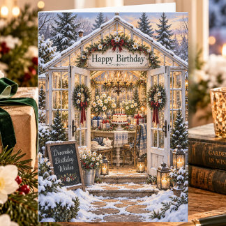 Winter Greenhouse December Happy Birthday Card