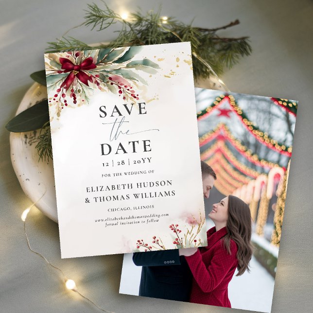 Winter Greens Christmas Red Bow Photo Wedding Save The Date (winter wedding save the date christmas bow greenery berries watercolor elegant photo template)
