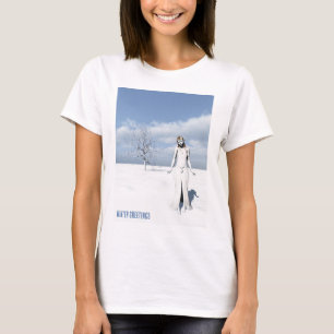 Winter Greetings. Female elf walking in the snow T-Shirt
