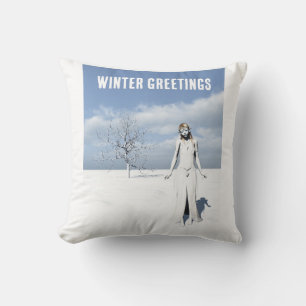 Winter Greetings. Female elf walking in the snow  Throw Pillow