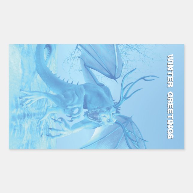 Winter Greetings. Ice dragon with antlers Rectangular Sticker (Front)