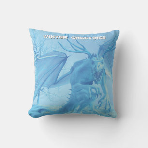 Winter Greetings. Ice dragon with antlers Throw Pillow