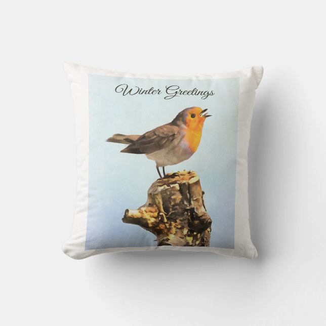 Winter Greetings. Robin singing  Throw Pillow (Front)