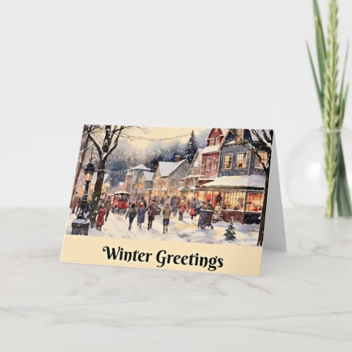 Winter Greetings snowy city street Card