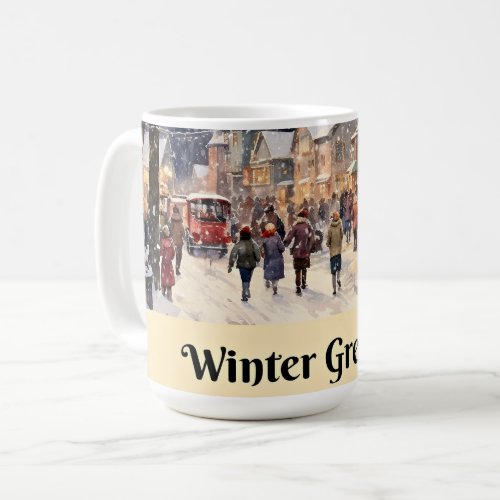 Winter Greetings snowy city street Coffee Mug