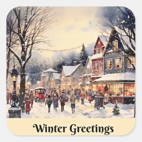 Winter Greetings snowy city street Square Sticker