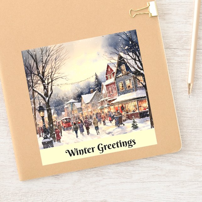 Winter Greetings, snowy city street, Sticker (Notebook)