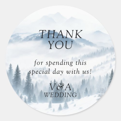 Winter Grey Mountains Thank You Wedding Classic Round Sticker