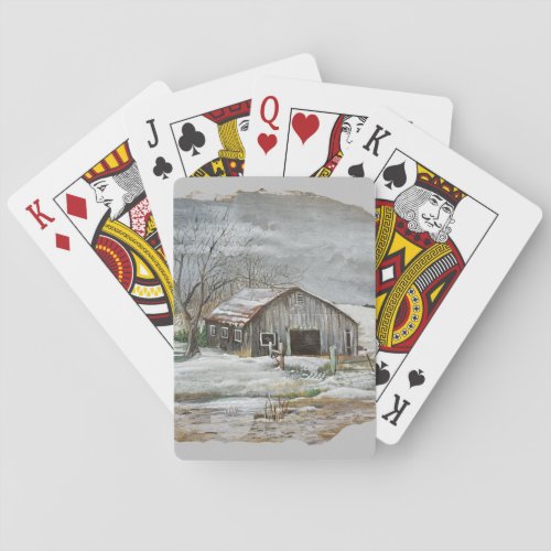 Winter Grey Realistic Abandoned Farm Painting Playing Cards
