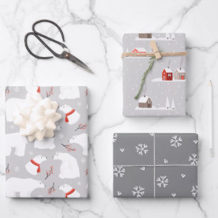 Winter Greys, Polar Bear, Snowflakes Coordinated Wrapping Paper Sheets